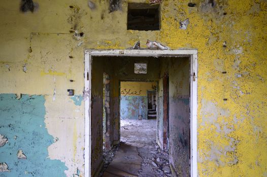wide angle view of an old wall abandoned factory building