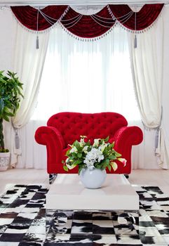 Red classical armchair in bright living room interior 