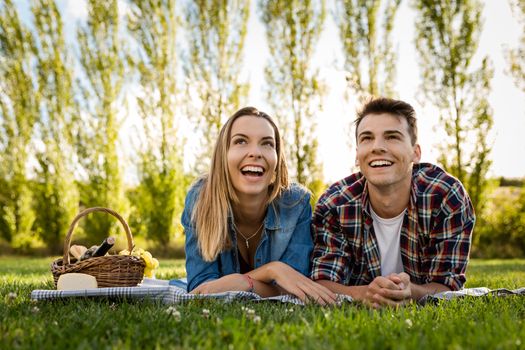 Shot of a beautiful couple on the park having fun together while making a picnic