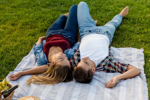 Happy young couple in the park relaxing after the picnic