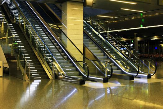 Escalator for passengers in the lobby of the airport in Doha