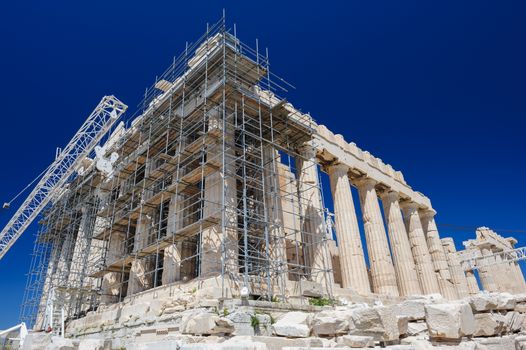 Reconstruction of Parthenon with scaffolding in Acropolis, Athens, Greece