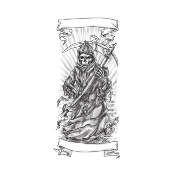 Tattoo style illustration of the grim reaper holding scythe viewed from front with scroll ribbon set on isolated white background. 