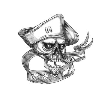 Tattoo style illustration of a skull patriot wearing hat viewed from front with USA stars and stripes ribbon flag set on isolated white background. 