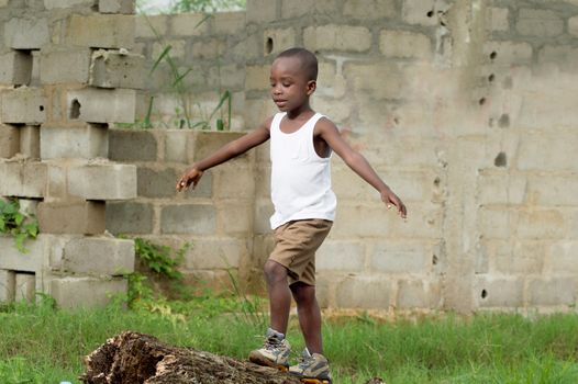 This child is testing his balance while walking on the tree trunk.