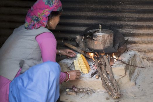 Himachali woman cooking food on wood fire stove(chulha) in her kitchen, Shimla, Himachal Pradesh, India.