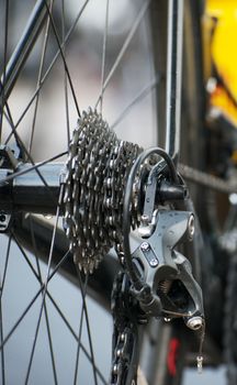 Rear wheel of sports track bike.