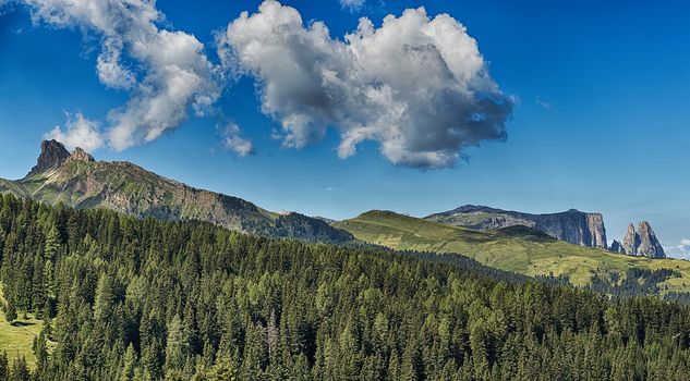 Landscape of the mountains Denti di Terra Rossa and Alpe di Siusi in summer season with the forest in foreground, Dolomites