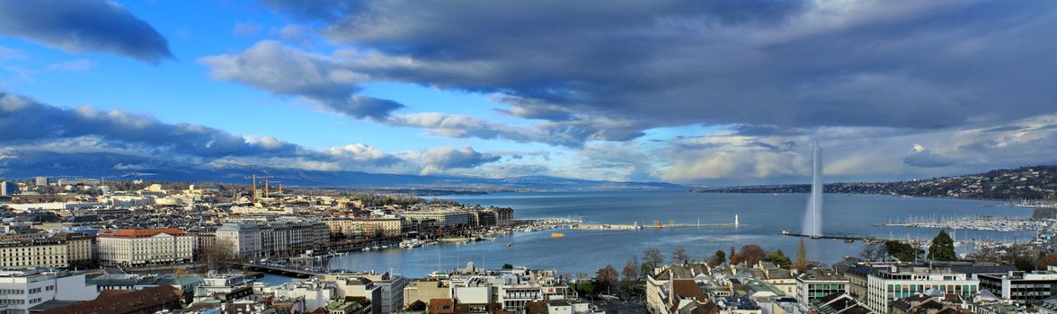 Panoramic view of Geneva and the water jet