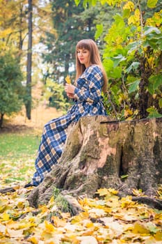 beautiful, dreamy girl with long straight hair in a blue long dress in the park in autumn