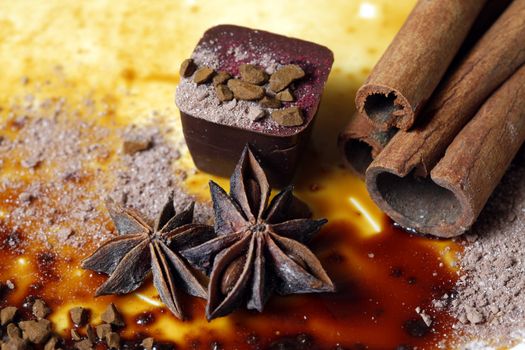 Chocolate candy isolated with anice and cinnamon
