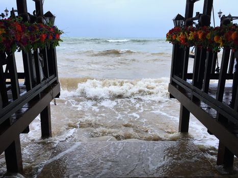 Beautiful background of terrace cafe overlooking the sea.