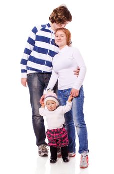 Happy Young Family with toddler standing together isolated