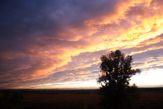 Dramatic sunset like fire in the sky with golden clouds