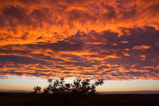 Dramatic sunset like fire in the sky with golden clouds