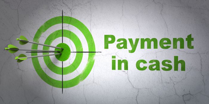 Success currency concept: arrows hitting the center of target, Green Payment In Cash on wall background, 3D rendering