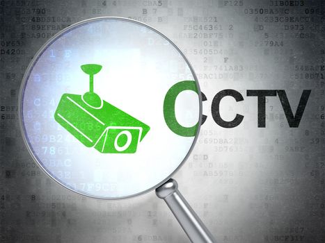 Security concept: magnifying optical glass with Cctv Camera icon and CCTV word on digital background, 3D rendering