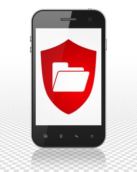 Business concept: Smartphone with red Folder With Shield icon on display, 3D rendering
