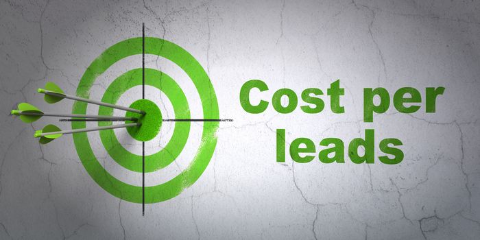 Success business concept: arrows hitting the center of target, Green Cost Per Leads on wall background, 3D rendering