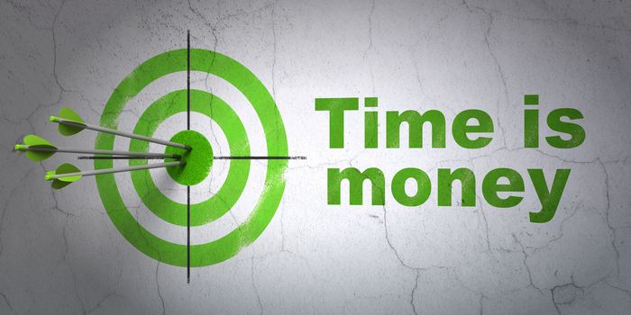 Success business concept: arrows hitting the center of target, Green Time is Money on wall background, 3D rendering