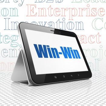 Finance concept: Tablet Computer with  blue text Win-Win on display,  Tag Cloud background, 3D rendering