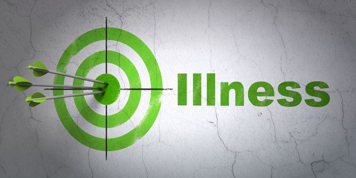 Success Health concept: arrows hitting the center of target, Green Illness on wall background, 3D rendering