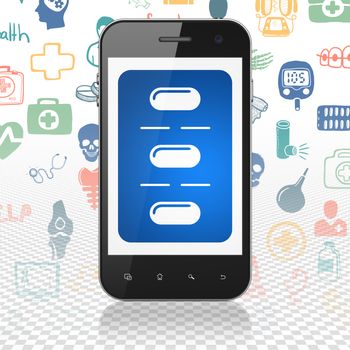 Health concept: Smartphone with  blue Pills Blister icon on display,  Hand Drawn Medicine Icons background, 3D rendering