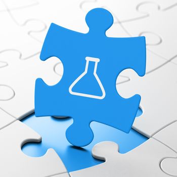 Science concept: Flask on Blue puzzle pieces background, 3D rendering