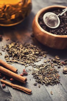 tea composition with cinnamon sticks, lemons