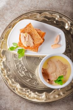 Home made chicken liver pate served on a pan