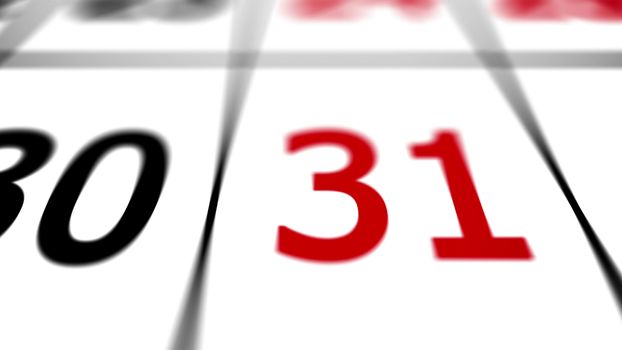 Close up of calendar with date of 31 with follow shallow depth of field.