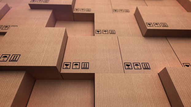 3D rendering of a distribution warehouse. Stacks of cardboard boxes.