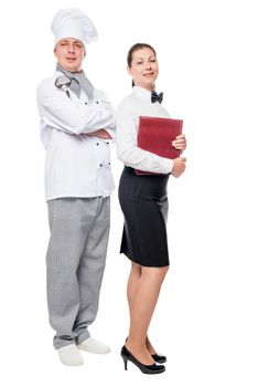 chef and waiter in uniform on a white background working team