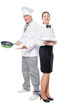 woman and man working team of the restaurant on a white background posing