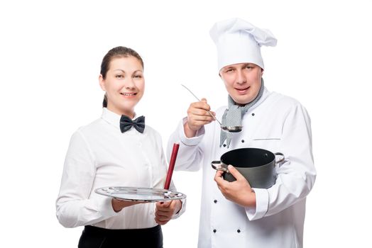 waitress with a tray and a colleague chef with pot isolated