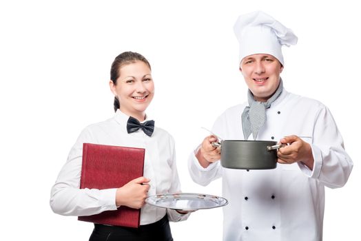 chef with a pot of soup and a waitress with a tray on a white background