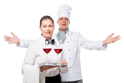 friendly restaurant team work, a portrait on a white background