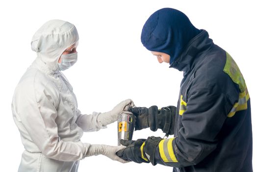 Fireman sends container with radiation chemist in the laboratory on a white background
