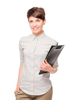 Accountant young girl with a folder on a white background isolated