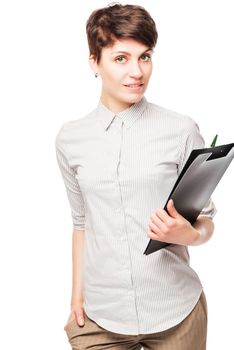 beautiful successful woman office worker with a folder in his hands posing on a white