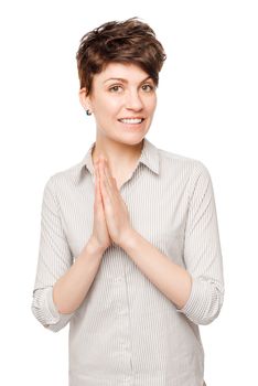 happy brunette woman photo on the white background in studio