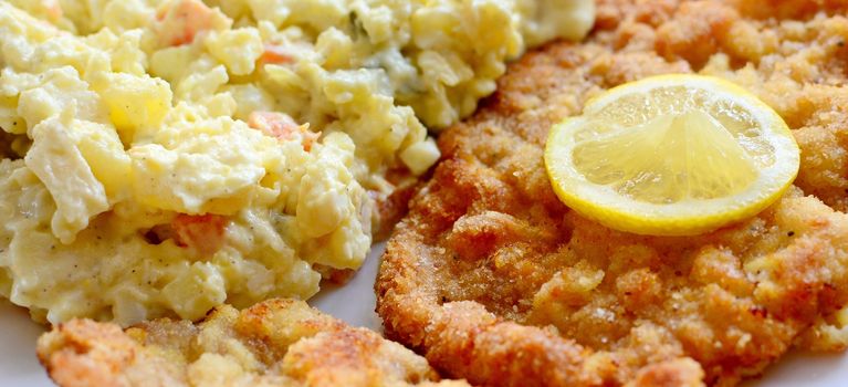 Traditional fried pork schnitzel with Czech potato mayonnaise salad and lemon slice on top.