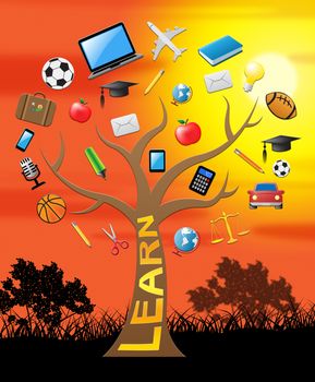 Learn Tree With Icons Shows Student Education 3d Illustration