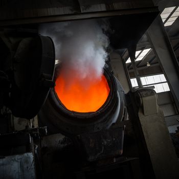 Hot steel pouring in steel plant, iron, aluminium