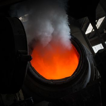 Hot steel pouring in steel plant, iron, aluminium