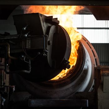 Hot steel pouring in steel plant, iron, aluminium