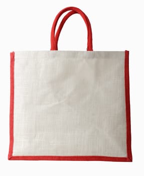 A material bag with red handle isolated on a white background, side view blank copy space