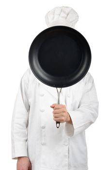 Chef showing pan as blank copy space
