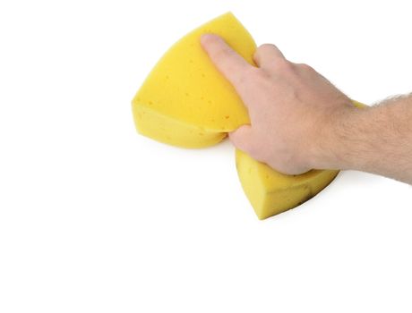 Hand holding a sponge wiping a white surface