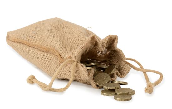 Canvas bag of money with  coins on isolated on white.